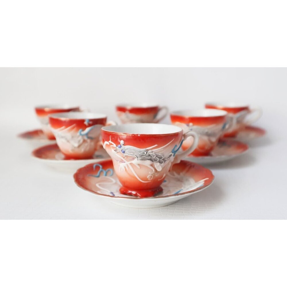 Vintage Moriage Dragon Ware Teapot Sugar Bowl Creamer 6 Demi Tasse Cups & Saucer - Picture 2 of 10